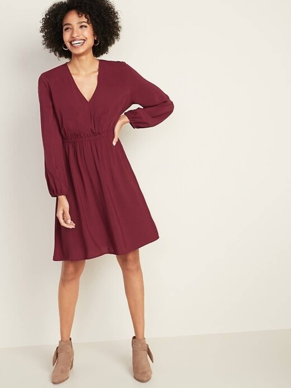 Old Navy Long-Sleeve V-Neck A-Line Viscose Dress Burgundy